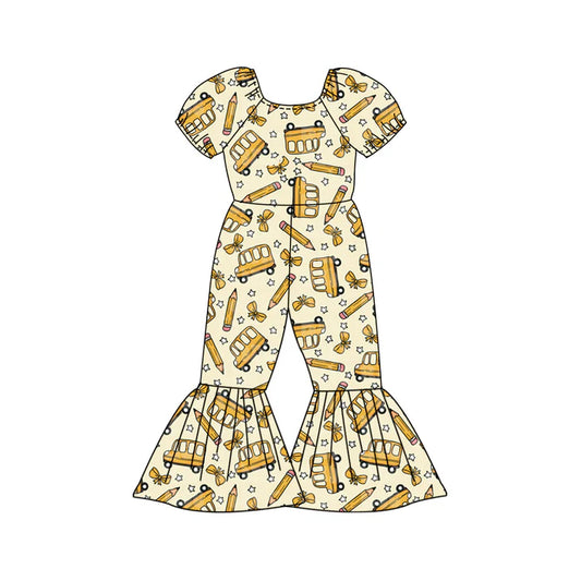 Preorder (moq 5)Baby Girls Bus Pencil Bows Back to School Bell Bottom Pant Jumpsuits 12.27