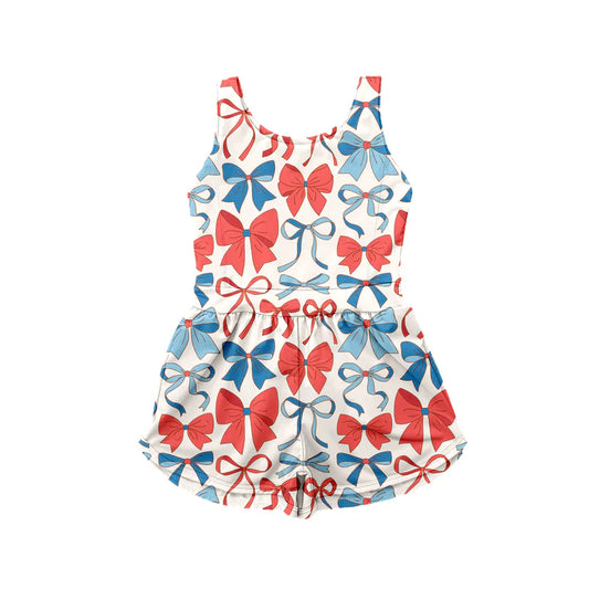 Preorder moq 5 Baby Girls Sleeveless Blue Red Bows Top Short 4th Of July Set 4.23