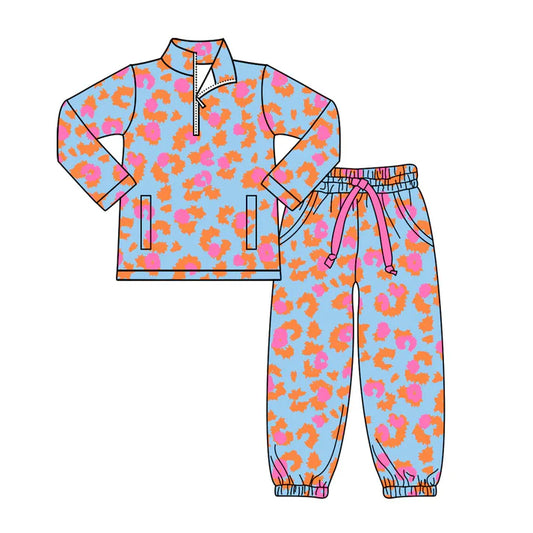 Preorder(moq 8)Baby Girls Orange Pink Leopard Zipper Pockets Pullovers Jogger Pants Clothes Set 9.29