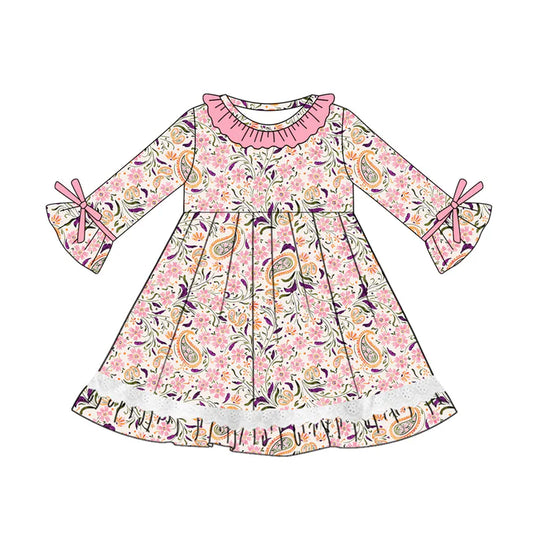 Preorder (moq 5)Baby Girls Long Sleeves Pink Floral Lace Ruffle Knee Length Dresses 5.21