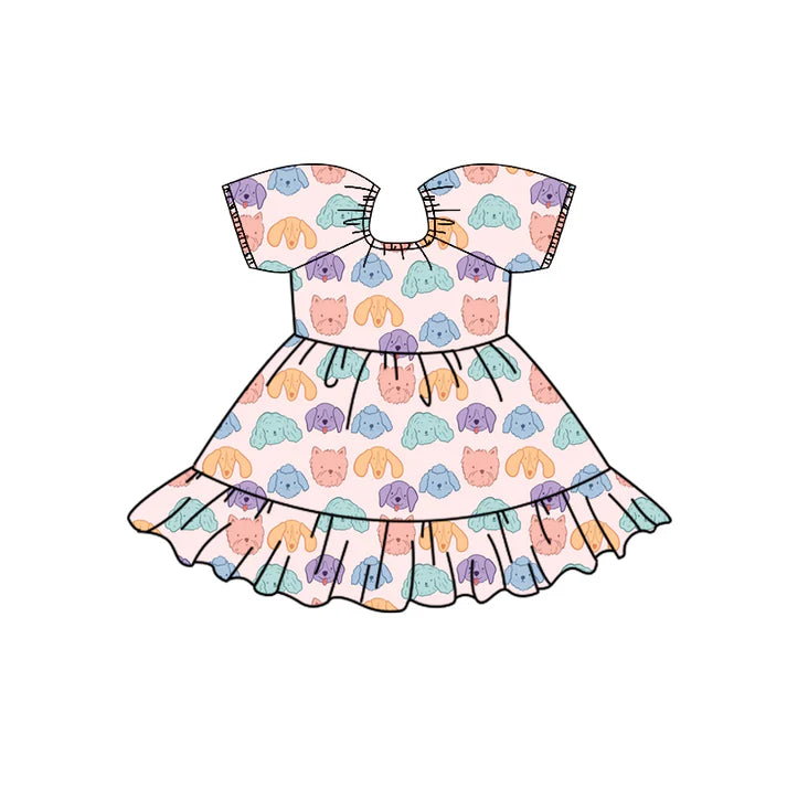 Preorder (moq 5)Baby Girls Colorful Dogs Plaid Ruffle Knee Length Dresses 12.2