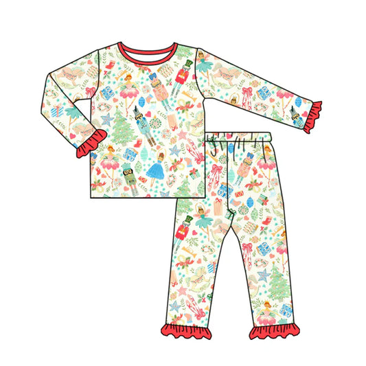 Preorder(moq 5) Baby Girls Long Ruffle Sleeves Christmas Trees Soldiers Top Pants Pajamas Set 7.22
