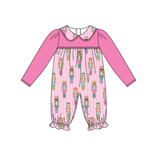 Preorder (moq 5)Baby Girls Hot Pink Long Sleeves Soldier Stripe Ruffle Pant Rompers 5.30