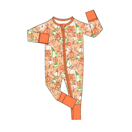 Preorder (moq 5)Baby Boys Orange Long Sleeves Pumpkins Plaid Zipper Rompers 5.26