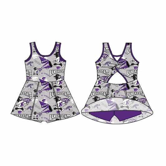 Preorder (moq 5)Baby Girls Sleeveless Kansas State Purple Bows Shorts Team Knee Length Dresses 7.2