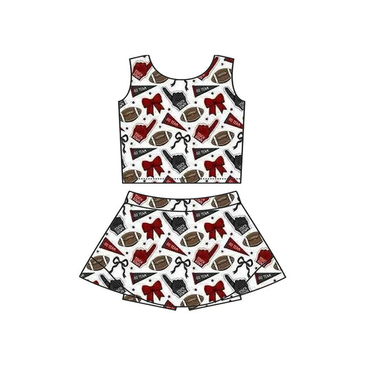 Preorder moq 5 Baby Girls Sleeveless Dark Red Football Cheer Plaid Vest Top Skorts Team Set 7.11