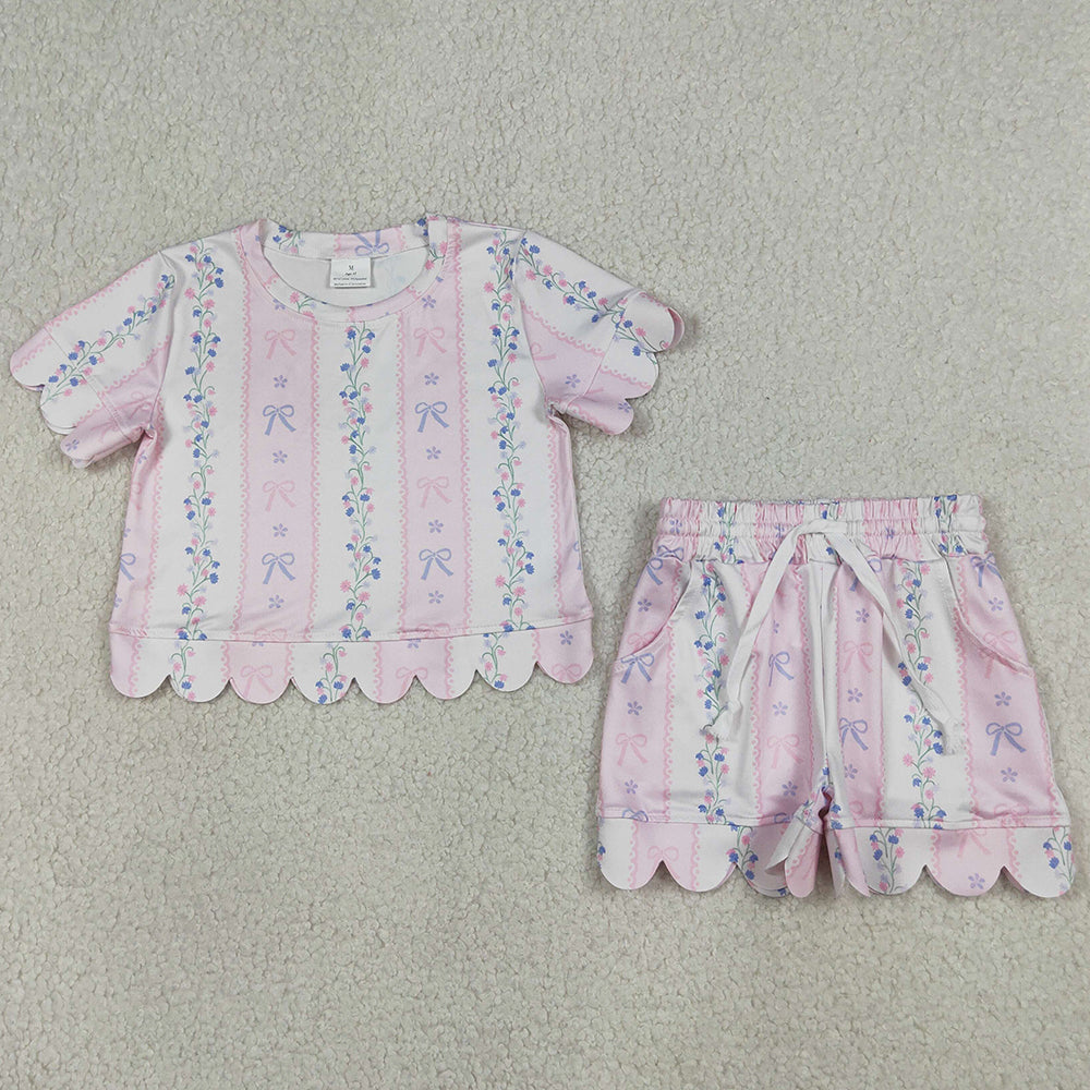 Baby Girls Clothes Flowers Bows Stripe Top Shorts Scallop Clothes Set GSSO3410