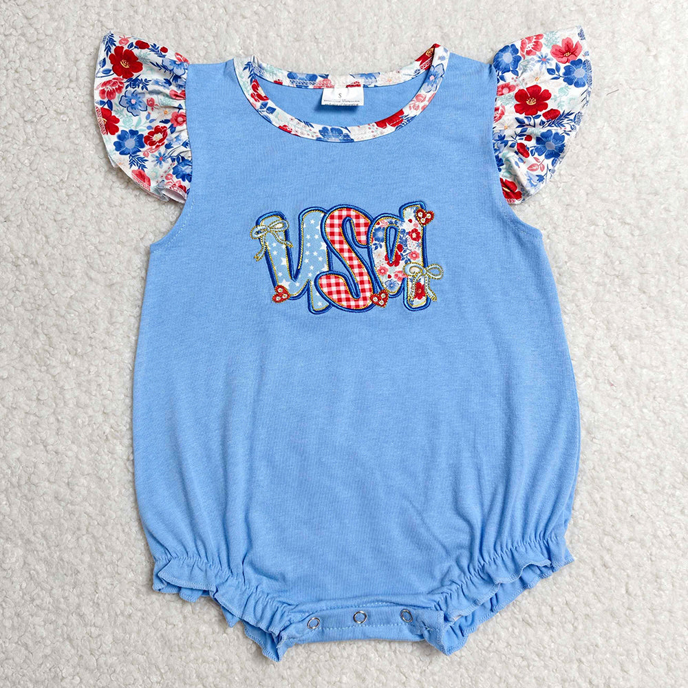 Baby Girls Rompers Embroidery USA Flutter Sleeve 4th of July Ruffle Rompers SR4186