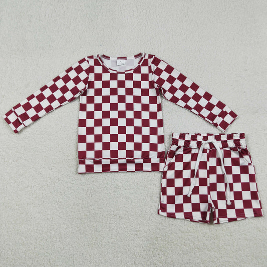 Baby Girls Clothes Long Sleeve Dark Red Checked Top Pockets Short Clothes Sets GLS0053 1.1