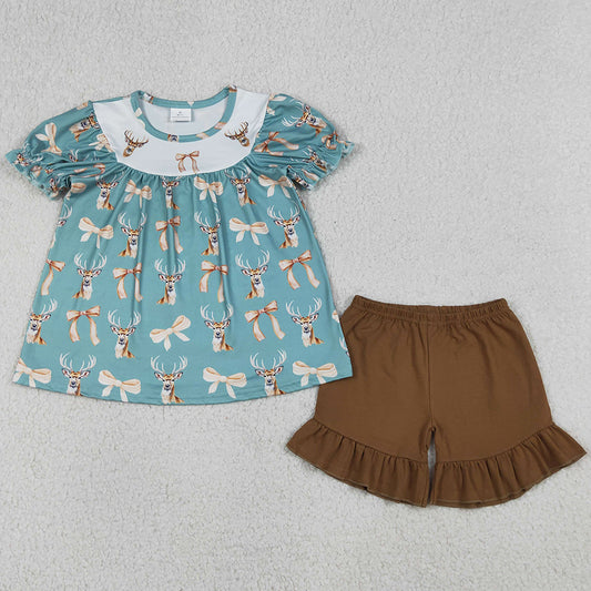 Baby Girls Clothes Bows Deer Ducks Tunic Ruffle Shorts Hunting Clothes Sets GSSO3212
