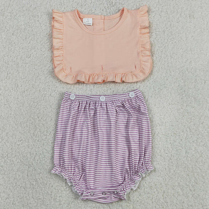 Baby Girls Rompers Sleeveless Lavender Stripe Back Button Two Pieces Ruffle Rompers SR3941