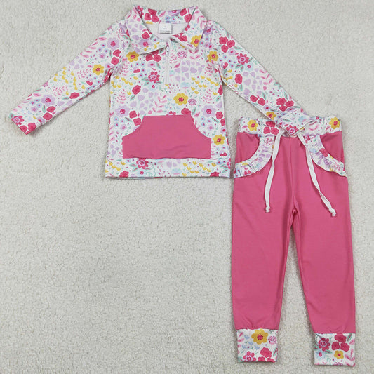 Baby Girls Clothes Colorful Flowers Zip Pocket Pullovers Jogger Pants Clothes Sets GLP3277 1.1