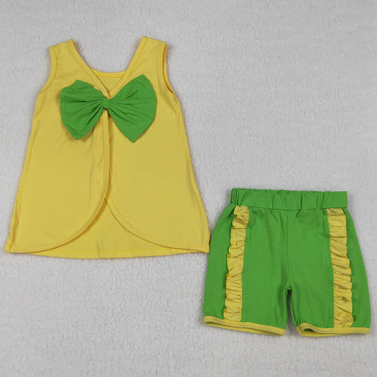 Baby Girls Clothes Sleeveless Back Bows Tunic Green Ruffle Shorts Clothes Sets GSSO3464
