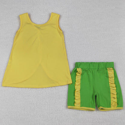Baby Girls Clothes Sleeveless Back Bows Tunic Green Ruffle Shorts Clothes Sets GSSO3464