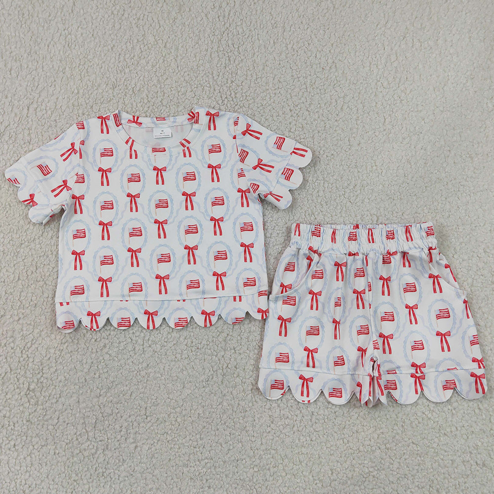 Baby Girls Clothes Flag Bows Checked Top Pockets Short 4th of July Scallop Clothes Sets GSSO3552