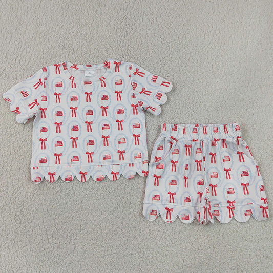 Baby Girls Clothes Flag Bows Checked Top Pockets Short 4th of July Scallop Clothes Sets GSSO3552