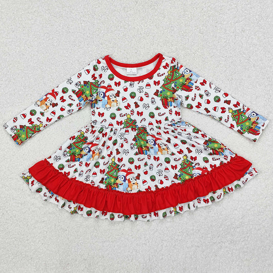 Baby Girls Dress Christmas Dogs Tree Red Knee Length Dresses GLD0792