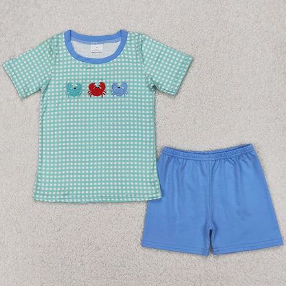 Baby Girls Clothes Crabs Embroidery Checkered Shirts Shorts Sets BSSO1279 GSSO2107