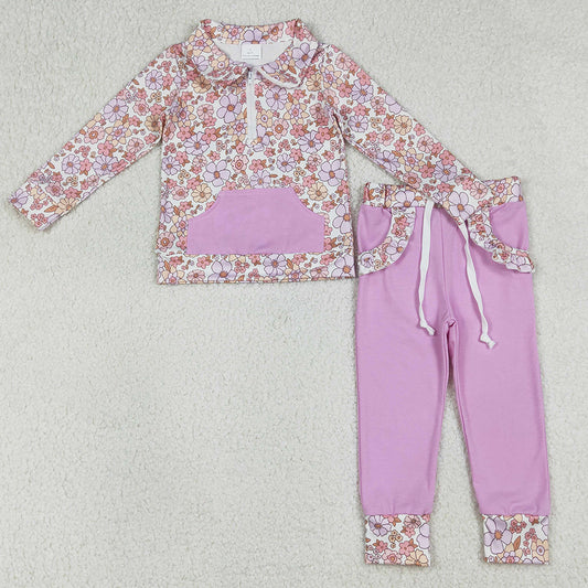 Baby Girls Clothes Colorful Flowers Zip Pocket Pullovers Jogger Pants Clothes Sets GLP3281 1.1