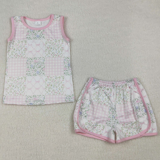 Baby Girls Clothes Pink Checked Flowers Top Shorts Clothes Sets GSSO3168
