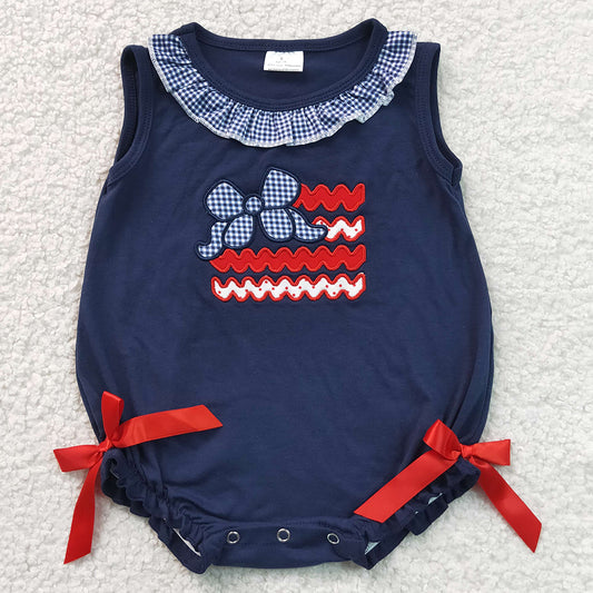 Baby Girls Rompers Embroidery Bows Flags Sleeveless 4th of July Ruffle Romper SR4152