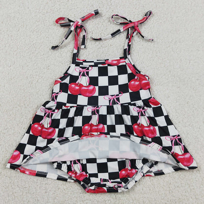 Baby Girls Rompers Strap Black Checked Cherry Ruffle Tunic Rompers SR3854