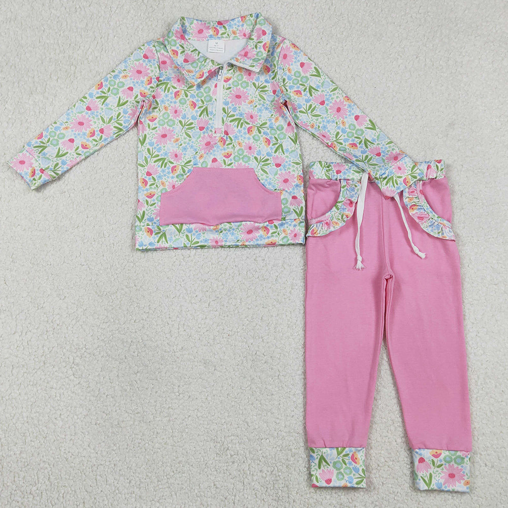 Baby Girls Clothes Colorful Flowers Zip Pocket Pullovers Jogger Pants Clothes Sets GLP3282 1.2