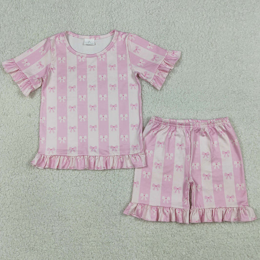 Baby Girls Clothes Short Sleeve Pink Bows Stripe Top Ruffle Short Clothes Set GSSO3341