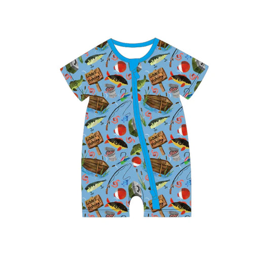 Preorder moq 5 Baby Boys Blue Short Sleeves Fishing Zipper Rompers 4.29