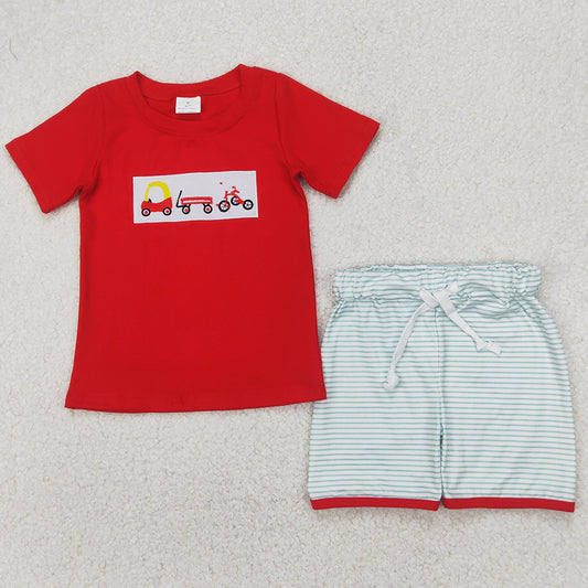 Baby Girls Clothes Flutter Sleeves Trucks Golf Embroidery Tunic Tops Ruffle Shorts Set GSSO2404