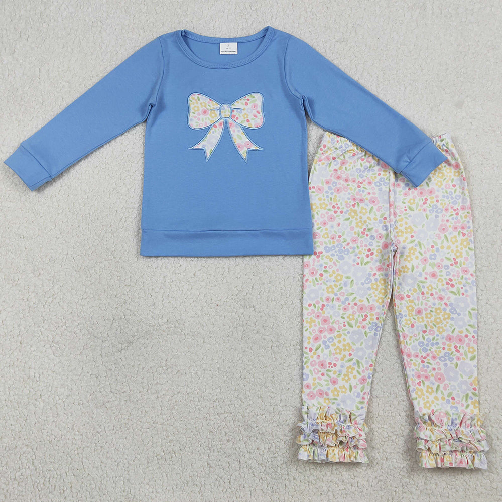 Baby Girls Clothes Embroidery Flowers Bows Blue Top Ruffle Legging Pants Clothes Sets GLP3243 1.5