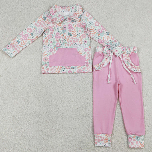 Baby Girls Clothes Colorful Flowers Zip Pocket Pullovers Jogger Pants Clothes Sets GLP3279 1.5