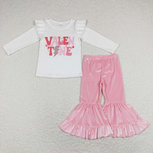 Baby Girls Clothes White Valentines Shirt Top Velvet Bell Pants Sets GLP1141