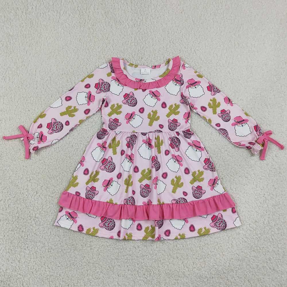 Baby Girls Dress Santa Cactus Christmas Western Ruffle Knee Length Dresses GLD0753