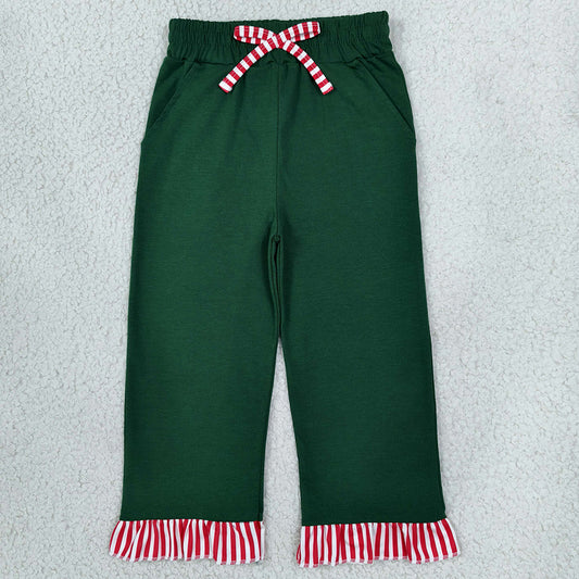 Baby Girls Pants Green Red Stripe Bow Pockets Ruffle Pants Bottom P1158