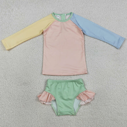 Baby Girls Clothes Yellow Aqua Blue Pink Patchwork Top Ruffle Bummies Swimsuits S0637