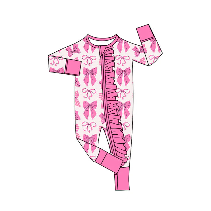 Preorder (moq 8)Baby Girls Pink Bows Valentine Ruffle Zipper Footie Rompers 9.20