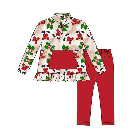 Preorder (moq 5)Baby Girls Long Sleeves Green Red Socks Pocket Zipper Top Legging Pants Set 7.28