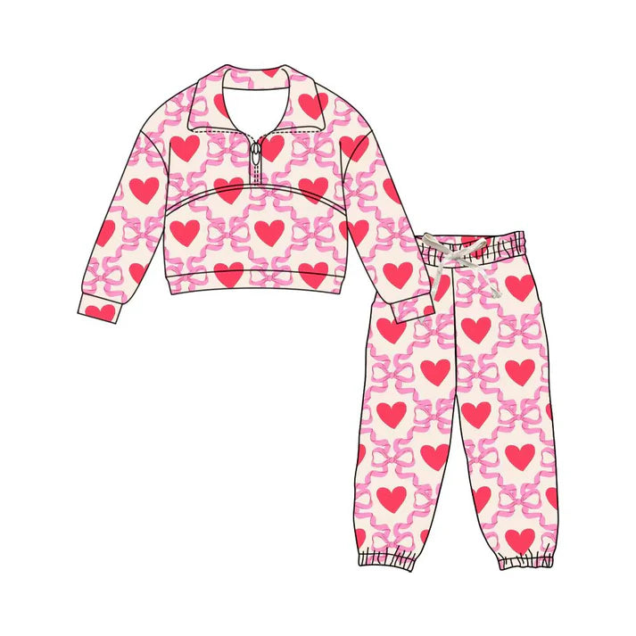 Preorder (moq 5)Baby Girls Heart Bows Zipper Pullover Jogger Pants Valentines Clothes Sets 11.22