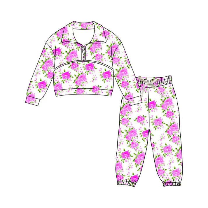 Preorder (moq 5)Baby Girls Hot Pink Flowers Zipper Pullover Jogger Pants Clothes Sets 11.22