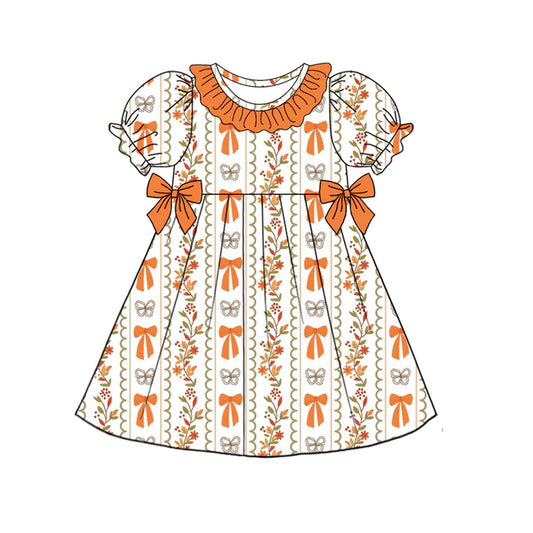 Preorder (moq 5)Baby Girls Orange Short Ruffle Sleeves Butterfly Bows Floral Knee Length Dresses 4.24
