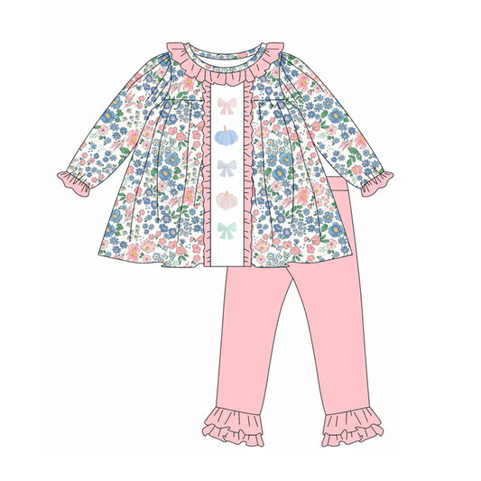 Preorder (moq 5)Baby Girls Long Sleeves Blue Floral Pumpkins Bows Tunic Ruffle Pant Set 5.24