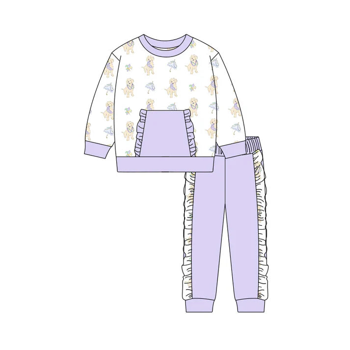 Preorder(moq 5) Baby Girls Dogs Anchors Pocket Top Ruffle Pants Madigras Clothes Sets 10.31