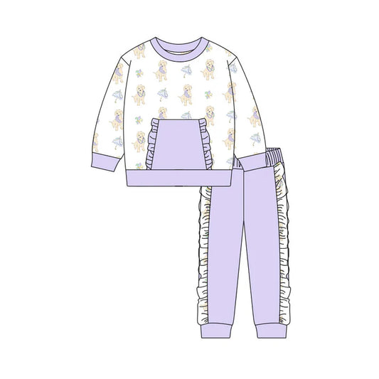 Preorder(moq 5) Baby Girls Dogs Anchors Pocket Top Ruffle Pants Madigras Clothes Sets 10.31