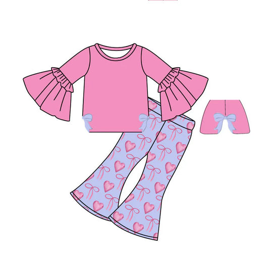 Preorder (moq 8)Baby Girls Pink Bell Sleeve Shirts Bows Hearts Bell Bottom Pants Valentine Clothes Sets 9.9