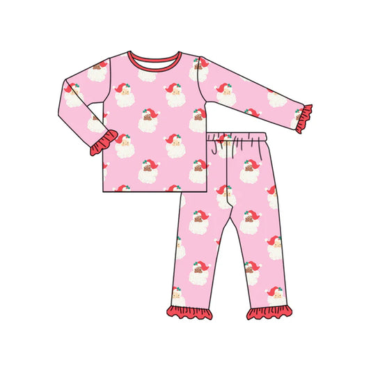 Preorder (moq 5)Baby Girls Hot Pink Long Ruffle Sleeves Santa Plaid Top Pant Pajamas Sets 6.11