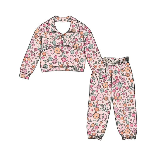 Preorder (moq 5)Baby Girls Colorful Flowers Zipper Pullover Jogger Pants Clothes Sets 11.22