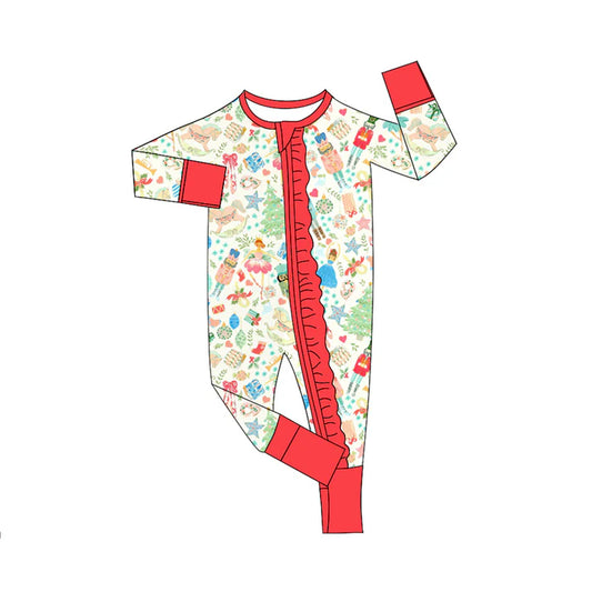 Preorder(moq 5)Baby Infant Girls Long Sleeves Christmas Trees Soldiers Ruffle Zipper Rompers 7.30