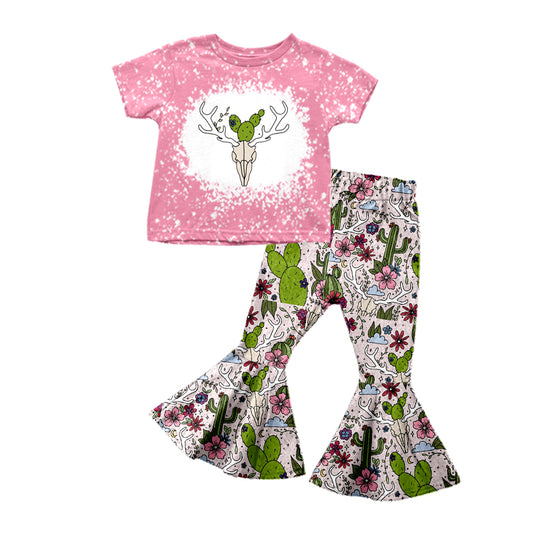 Baby Girls Clothes Western Pink Cow Cactus Tee Top Bell Pants Sets Preorder Moq 5