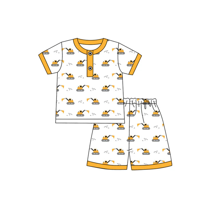 Preorder moq 5 Baby Boys Yellow Short Sleeves Excavators Button Top Short Pajamas Set 4.12